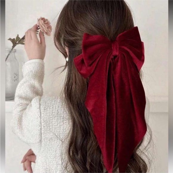 Burgundy Red Velvet Hair Bow - Picture 2 of 4